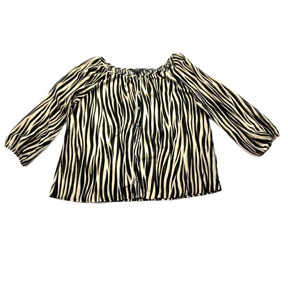 Forever‎ 21 Top Womens Small Brown Black Tiger Stripe 3/4 Sleeve Polyester